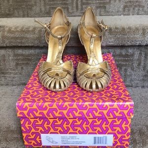 Tory Burch crackled gold leather deco style heels
